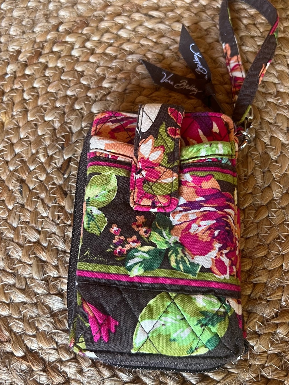 Vera Bradley Quilted Floral Wristlet in Brown, Pink & Green - Discontinued